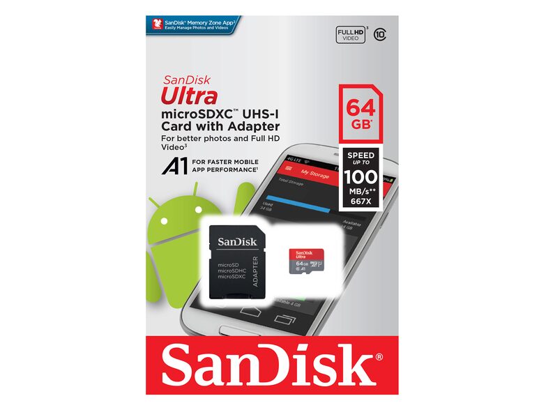 SanDisk Ultra microSDXC, 64 GB Speicherkarte, Kl. 10, UHS-1, inkl. SD-Adapter