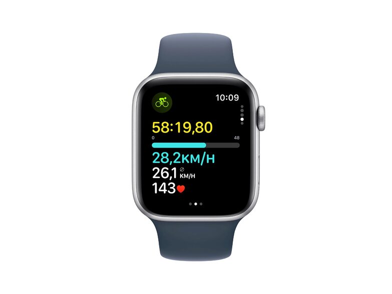 Apple Watch SE (2023), GPS & Cell., 44 mm, Alu. silber, Sportb. sturmblau, M/L