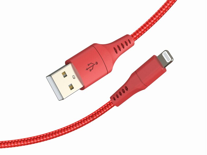 Networx Daten- und Ladekabel, USB-A auf Lightning, 1 m, Stoffmantel, rot