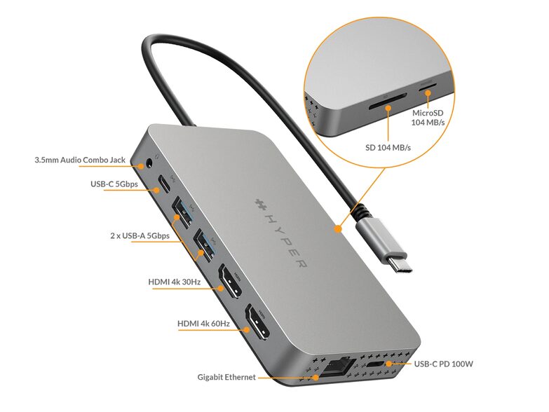 Hyper HyperDrive Dual 4K HDMI 10-in-1 USB-C Hub, HDMI/USB-A/microSD, grau