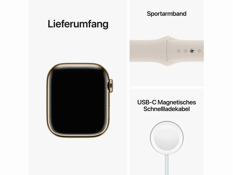 Apple Watch Series 8, GPS & Cellular, 41 mm, Edelstahl gold, Sportb. polarstern