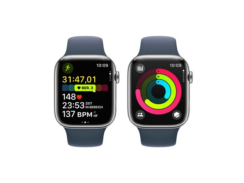 Apple Watch Series 9, GPS & Cell., 45mm , Edelstahl silber, Sportb. sturmblau,