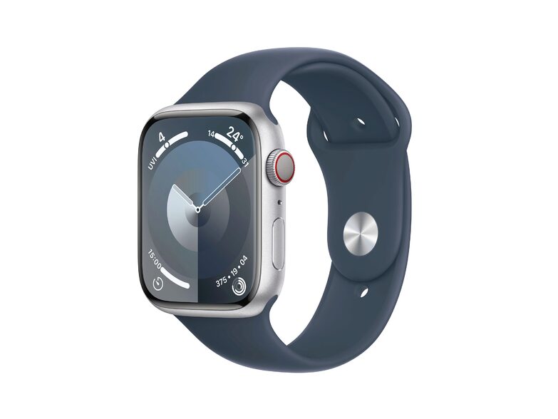 Apple Watch Series 9, GPS & Cell., 45mm, Alu. silber, Sportb. sturmblau, M/L