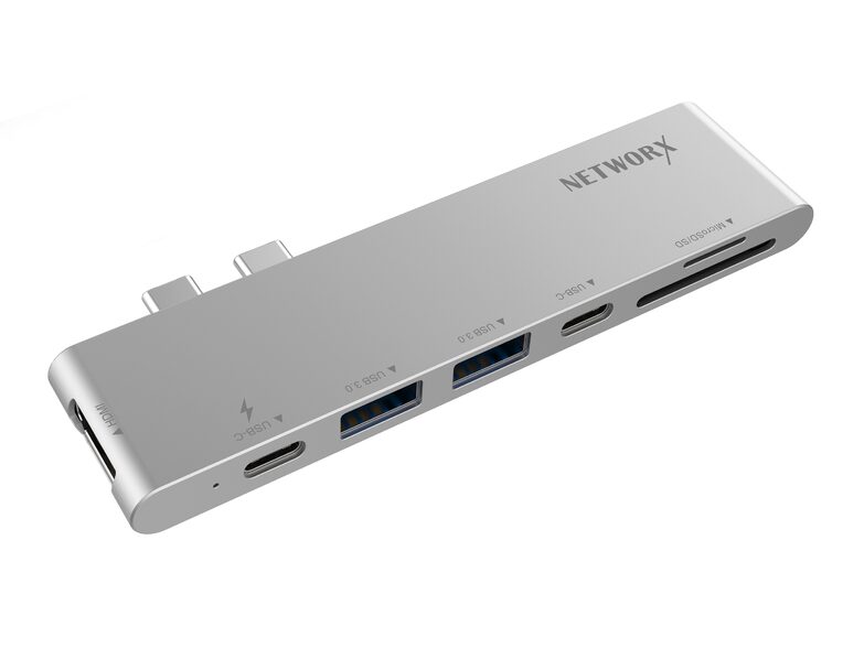 Networx Dual USB-C Hub, 2x USB-C, USB 3.1, micro SD, 4K HDMI, silber