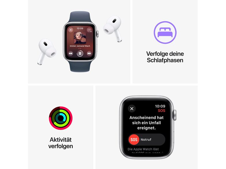Apple Watch SE (2023), GPS & Cell., 44 mm, Alu. silber, Sportb. sturmblau, S/M