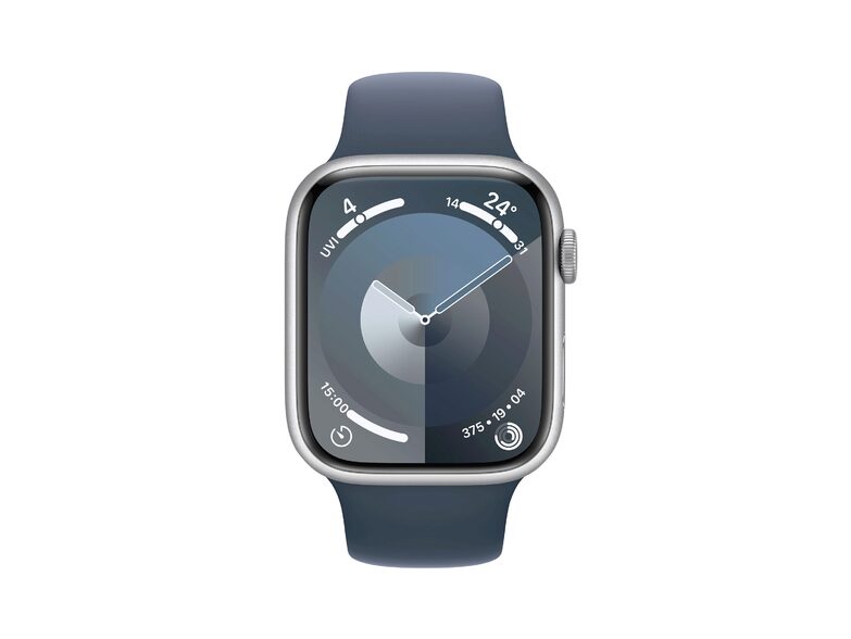 Apple Watch Series 9, 45 mm, Aluminium silber, Sportarmband sturmblau, S/M