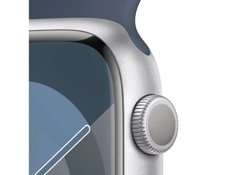 Apple Watch Series 9, 45 mm, Aluminium silber, Sportarmband sturmblau, S/M