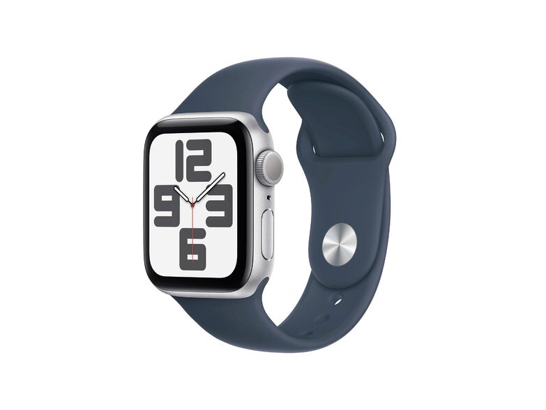 Apple Watch SE (2023), 40 mm, Aluminium silber, Sportarmband sturmblau, S/M