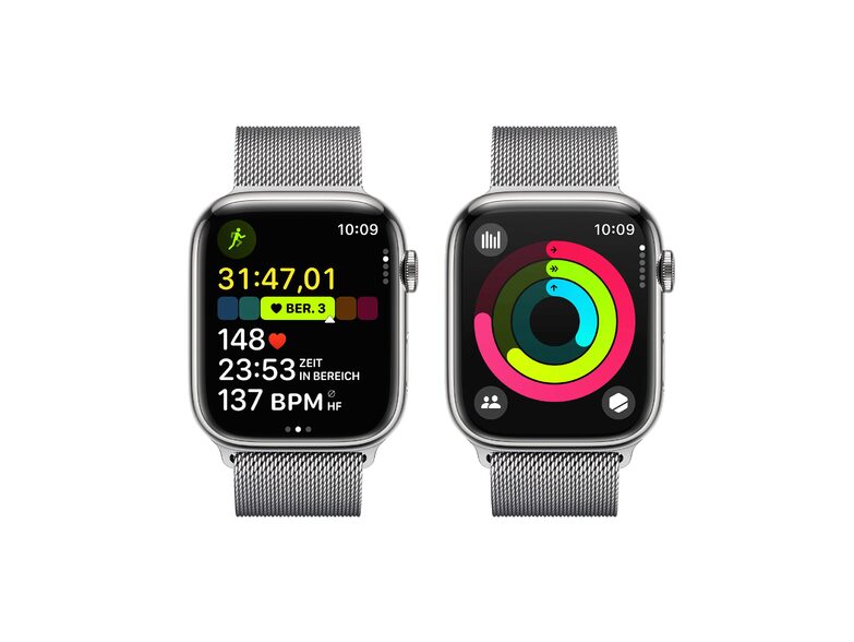 Apple Watch Series 9, GPS & Cellular, 45 mm, Edelstahl silber, Milanaise silber