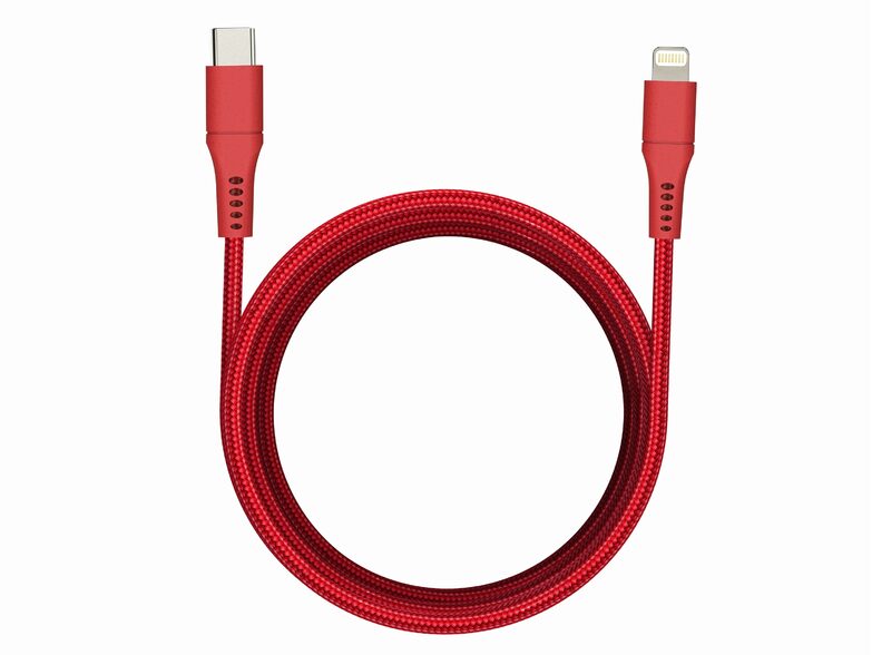 Networx Daten- und Ladekabel, USB-C auf Lightning, 2 m, Stoffmantel, rot