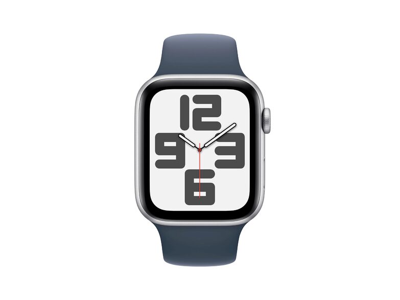 Apple Watch SE (2023), 44 mm, Aluminium silber, Sportarmband sturmblau, S/M