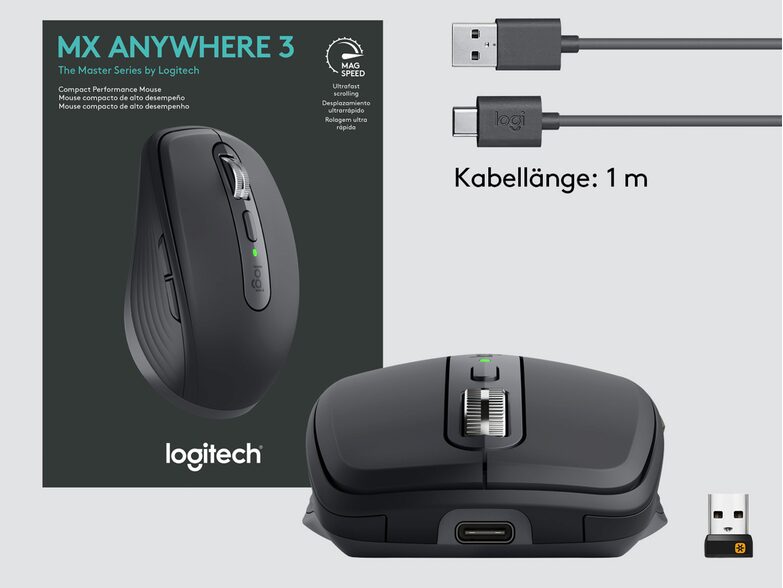 Logitech MX Anywhere 3, kabellose Maus, 6 Tasten, graphit