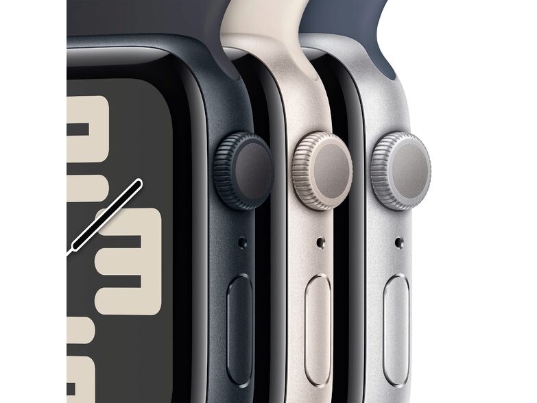 Apple Watch SE (2023), 44 mm, Aluminium silber, Sportarmband sturmblau, M/L