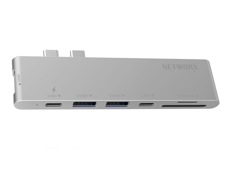 Networx Dual USB-C Hub, 2x USB-C, USB 3.1, micro SD, 4K HDMI, silber