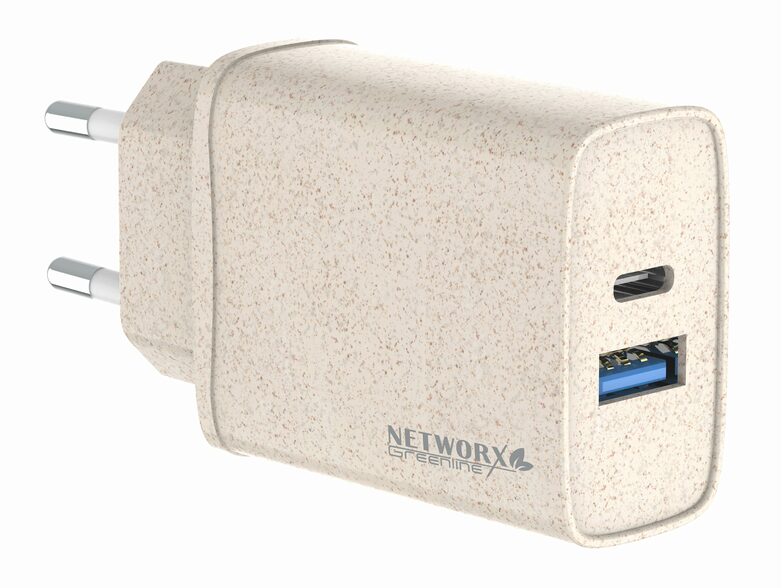 Networx Greenline Dual-Port-Netzteil (2. Gen.), 1x USB-C, 1x USB-A, 38 W, braun
