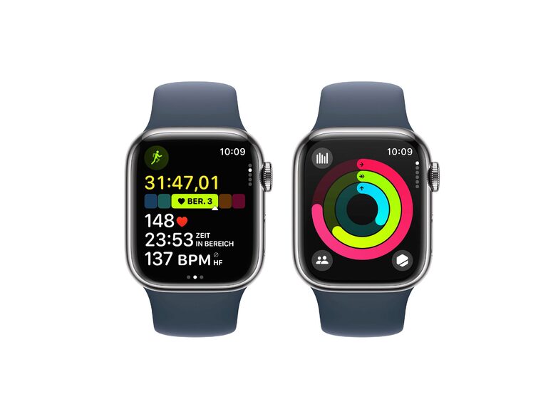 Apple Watch Series 9, GPS & Cell., 41 mm, Edelstahl silber, Sportb. blau, S/M