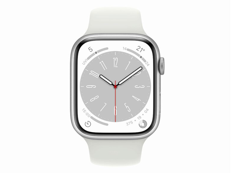 Apple Watch Series 8, 45 mm, Aluminium silber, Sportarmband weiß