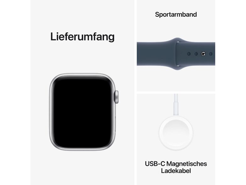 Apple Watch SE (2023), 44 mm, Aluminium silber, Sportarmband sturmblau, M/L