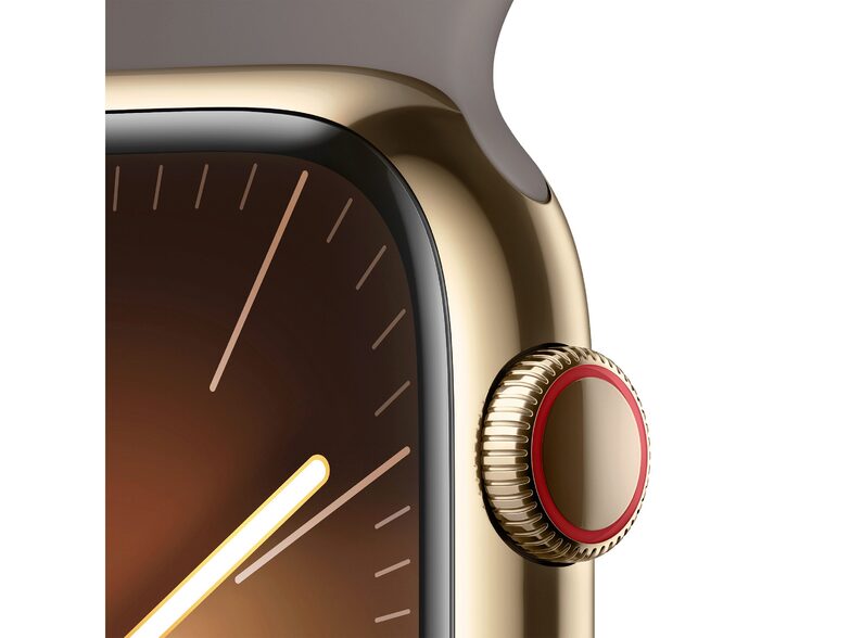 Apple Watch Series 9, GPS & Cell., 45mm, Edelstahl gold, Sportb. tonbraun, S/M