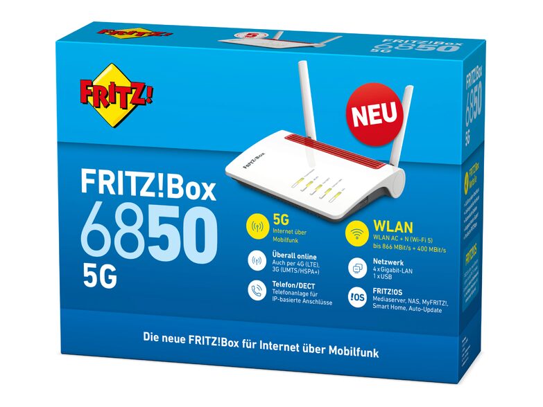 AVM FRITZ!Box 6850 5G, WLAN-Router mit 5G-Modem, mit bis zu 1,3 Gbit/s, weiß