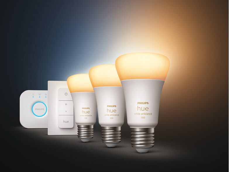 Philips Hue White Ambiance-Lampe Starter Set, 3x Glühbirne, Bridge, Dimmer