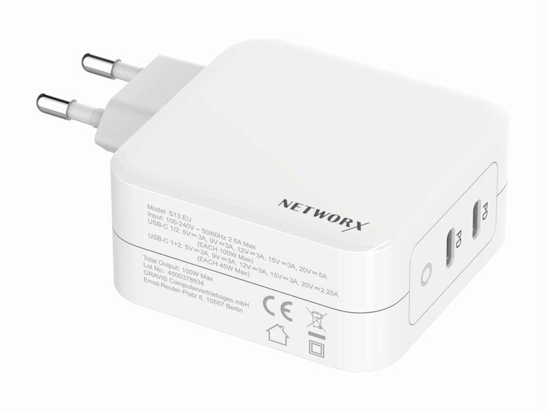 Networx USB-C Dual Netzteil, für MacBook Pro 16", USB-C 100 W/USB-C 45 W, weiß