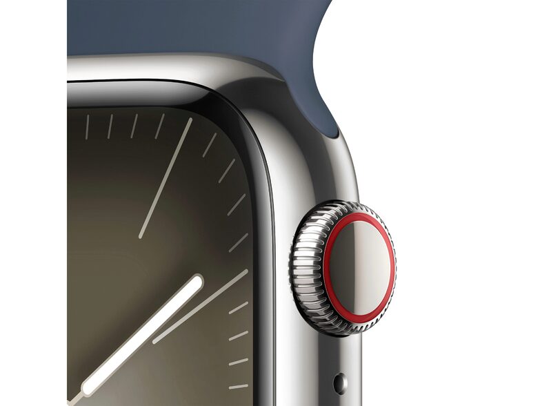 Apple Watch S9, GPS & Cell., 41mm, Edelstahl silber, Sportarmband sturmblau M/L