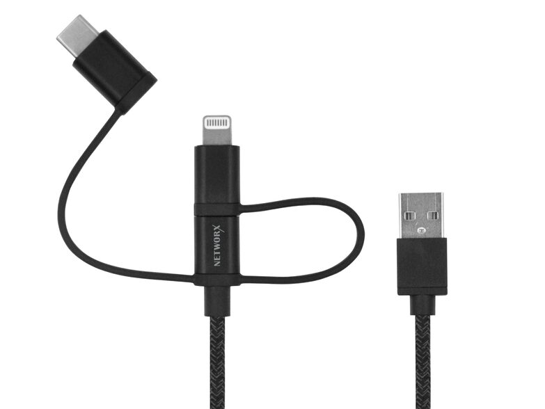 Networx 3-in-1 Daten- und Ladekabel, USB-A auf Lightning/Mikro/USB-C, schwarz