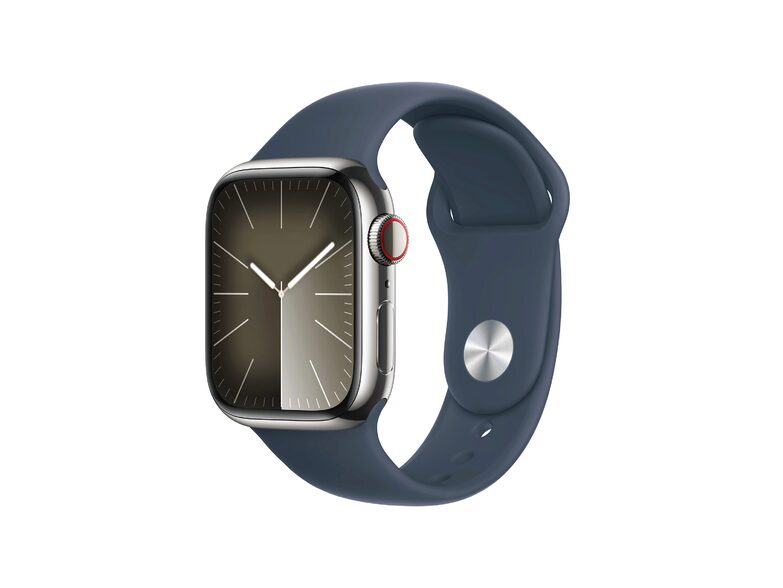Apple Watch Series 9, GPS & Cell., 41 mm, Edelstahl silber, Sportb. blau, S/M