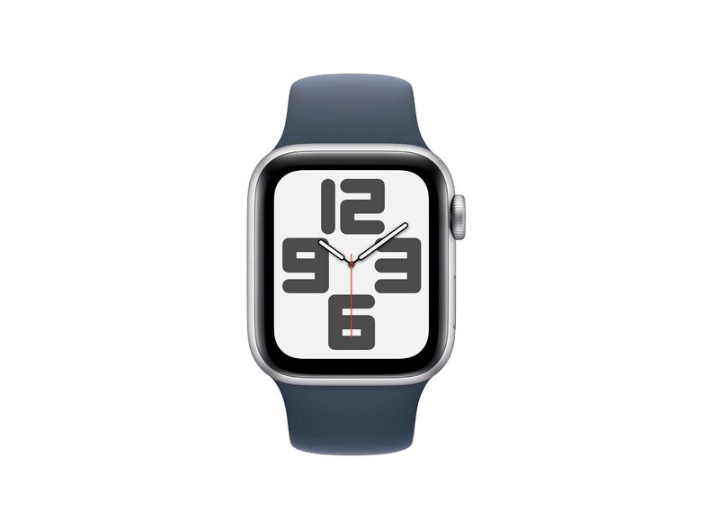Apple Watch SE (2023), 40 mm, Aluminium silber, Sportarmband sturmblau, M/L