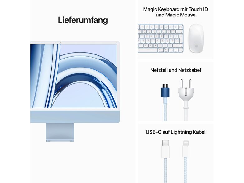 Apple iMac 24", M3 8-Core CPU, 10-Core GPU, 16 GB RAM, 256 GB SSD, Num, blau