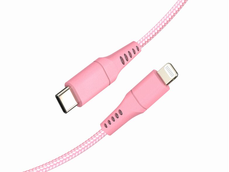 Networx Daten- und Ladekabel, USB-C auf Lightning, 2 m, Stoffmantel, rosa