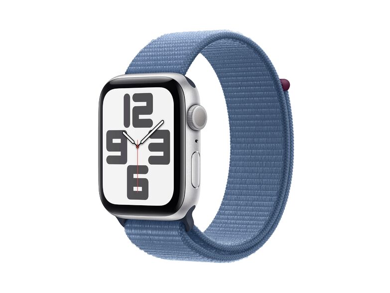 Apple Watch SE (2023), 44 mm, Aluminium silber, Sport Loop winterblau