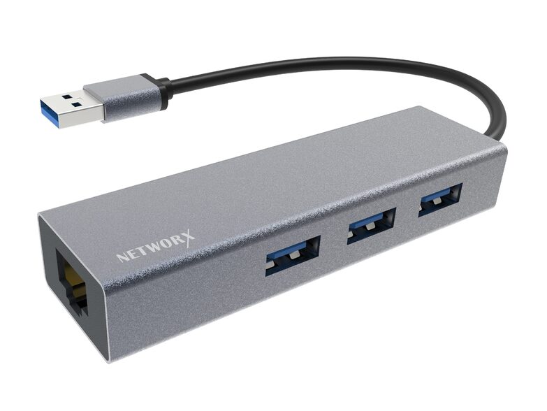 Networx USB-3.0 Hub, Adapter USB-A auf 3x USB 3.0/Ethernet, space grau