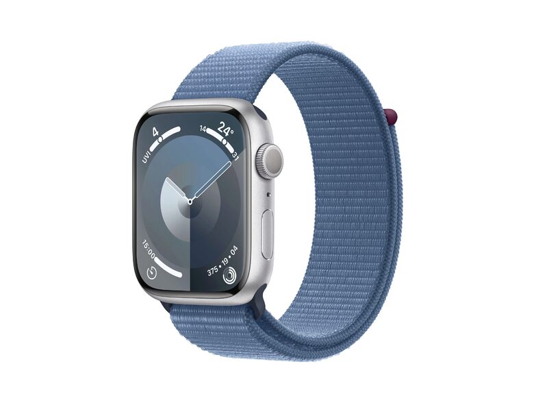 Apple Watch Series 9, 45 mm, Aluminium silber, Sport Loop winterblau