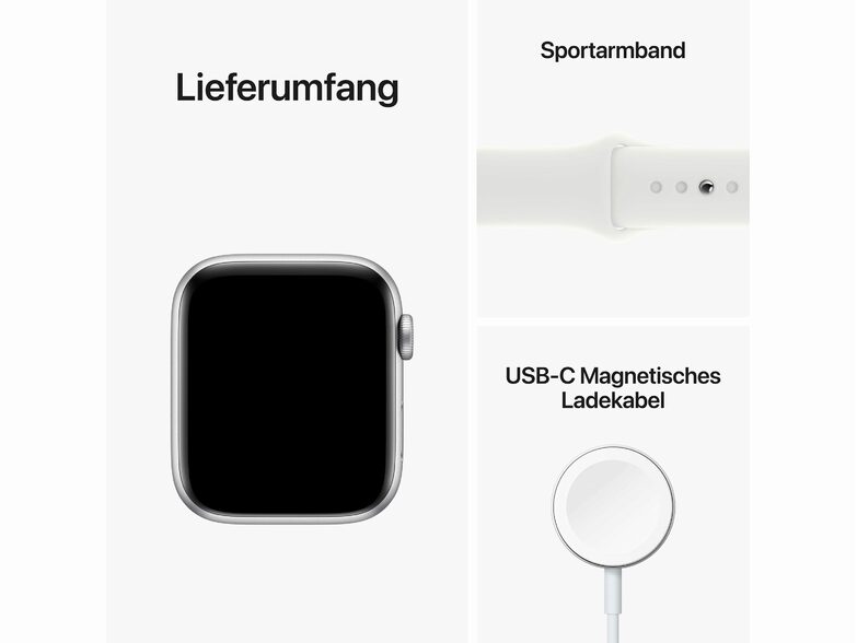 Apple Watch SE (2022), 44 mm, Aluminium silber, Sportarmband weiß