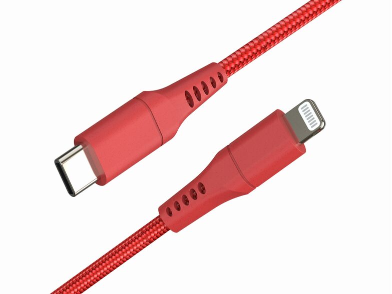 Networx Daten- und Ladekabel, USB-C auf Lightning, 2 m, Stoffmantel, rot