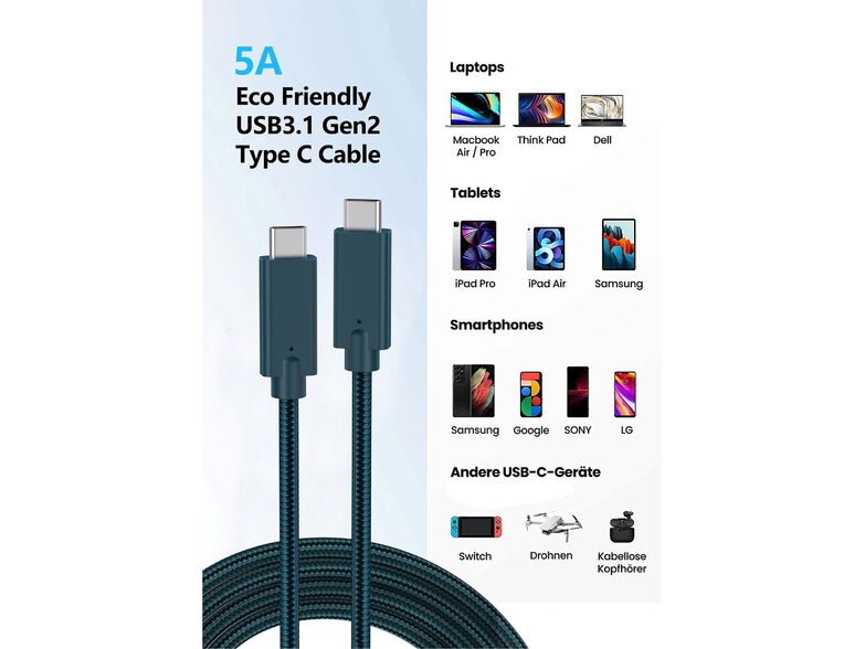 Networx Daten- und Ladekabel, USB-C auf USB-C, 2 m, Stoffmantel, dunkelblau