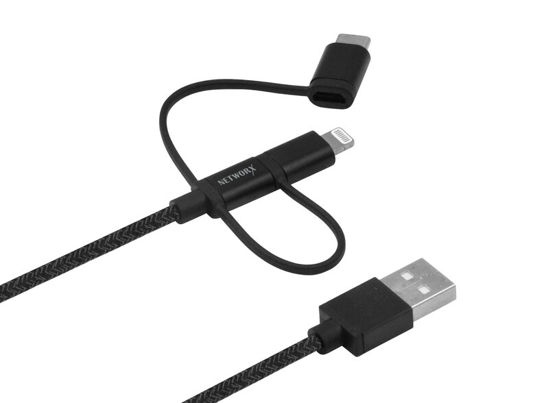 Networx 3-in-1 Daten- und Ladekabel, USB-A auf Lightning/Mikro/USB-C, schwarz