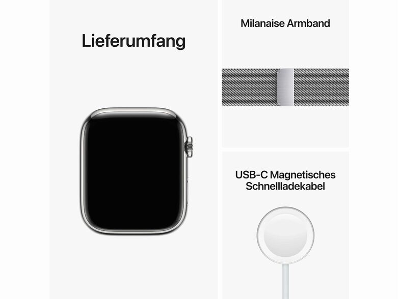 Apple Watch Series 8, GPS & Cellular, 45 mm, Edelstahl silber, Milanaise silber