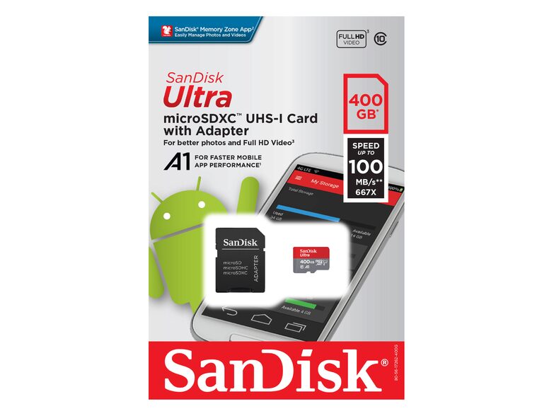 SanDisk Ultra microSDXC, 400 GB Speicherkarte, A1, Kl. 10, U1, inkl. SD-Adapter