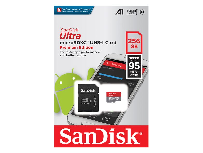 SanDisk Ultra microSDXC, 256 GB Speicherkarte, Kl. 10, U1, inkl. SD-Adapter