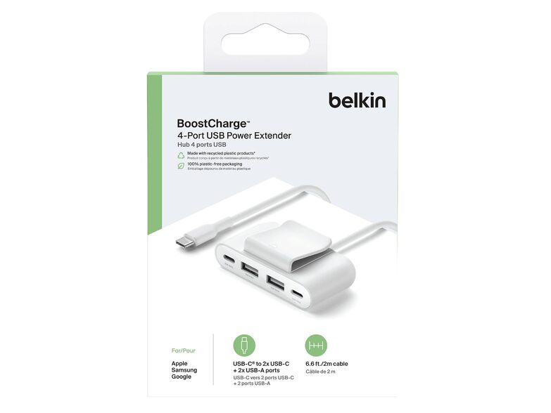 Belkin BoostCharge 4-Port-USB-Splitter, 2x USB-A (12 W)/2x USB-C (15 W), weiß