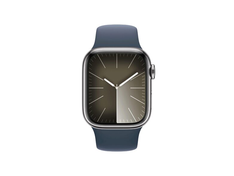 Apple Watch S9, GPS & Cell., 41mm, Edelstahl silber, Sportarmband sturmblau M/L