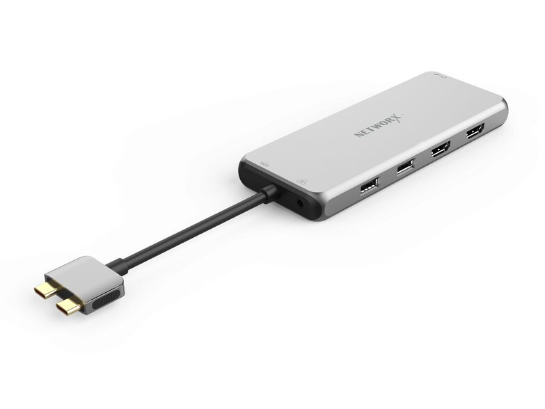 Networx Dual USB-C Multiporthub, USB-C, 4K-HDMI, USB-A, microSD, Audio, RJ45