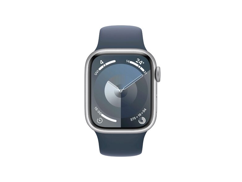 Apple Watch Series 9, 41mm, Aluminium silber, Sportarmband sturmblau, M/L